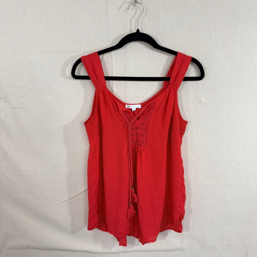 DR2 by Daniel Rainn Red Crochet Bib Tassel Tank Top Small Boho Sleeveless Blouse